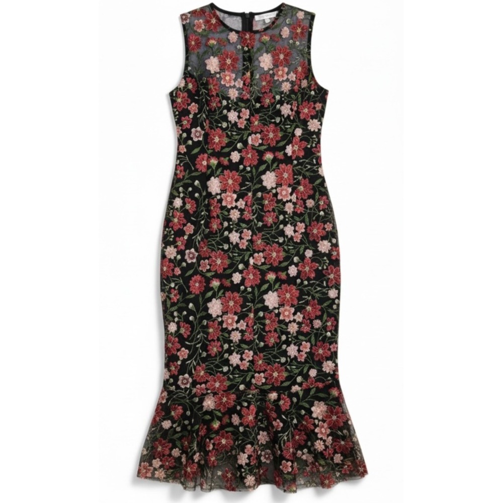 Calvin‎ Klein Black Floral Mermaid Midi Dress Women's 12 Romantic Goth Elegant